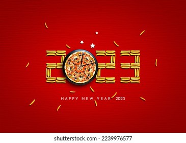 Happy New Year 2023 concept for a restaurant or Pizza brand isolated on a gorgeous red background. Pizza new year concept. French fry and Pizza. 3d rendering. 3d illustration. - Powered by Shutterstock