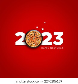 Happy New Year 2023 concept for a restaurant pizza brand isolated on a red background. Top view pizza plate. 3d rendering. 3d illustration. Red Background. - Powered by Shutterstock