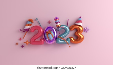 Happy new year 2023 decoration background and firework rocket  gift box  3D rendering illustration