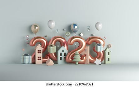 Happy new year 2023 decoration background with house building, balloon gift box, 3D rendering illustration - Powered by Shutterstock