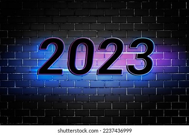 happy New Year 2023 with Futuristic glow neon  text effect with black background wall 