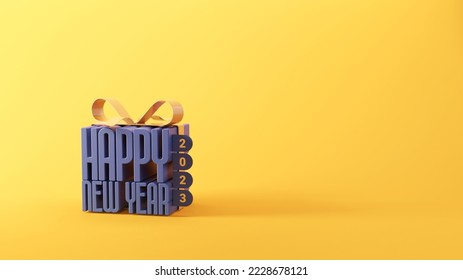 Happy new year 2023 in gift box wrapped with ribbon on yellow background, idea and creative, Holiday gift surprise, copy space, 3d render. - Powered by Shutterstock