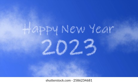 "Happy New Year 2023" text with a cloud effect in a blue sky, symbolizing celebration, new beginnings, and positivity