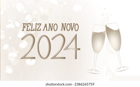 Happy New Year 2024 in Portugese text with champagne glasses on pink background with lights. - Powered by Shutterstock