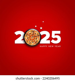 Happy New Year 2025 concept for a restaurant pizza brand isolated on a red background. Top view pizza plate. 3d rendering. 3d illustration. Red Background. - Powered by Shutterstock