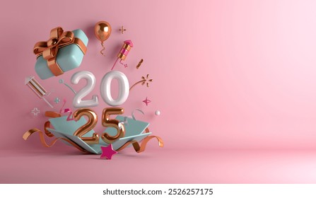 Happy new year 2025 decoration background with opened gift box, balloon number, firework rocket, copy space text, 3D rendering illustration - Powered by Shutterstock