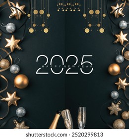 Happy New Year 2025, festive design, luxury celebration, gold and silver accents, champagne, New Year's Eve, holiday decor, greeting card, party invitation, holiday 2025 celebration - Powered by Shutterstock