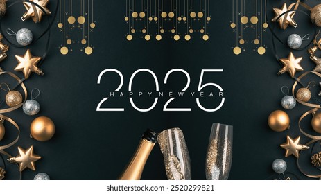 Happy New Year 2025, festive design, luxury celebration, gold and silver accents, champagne, New Year's Eve, holiday decor, greeting card, party invitation, holiday 2025 celebration - Powered by Shutterstock