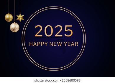 happy new year 2025 with golden decoration and gold cricle frame, happy new year greeting card. blue background for a flyer, new year poster, party invitation. vector illustration. - Powered by Shutterstock