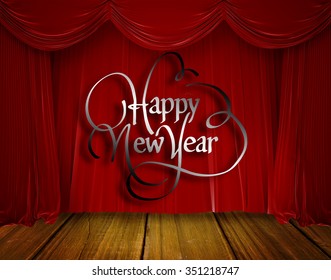 Happy New Year Against Red Curtain Pulling Back