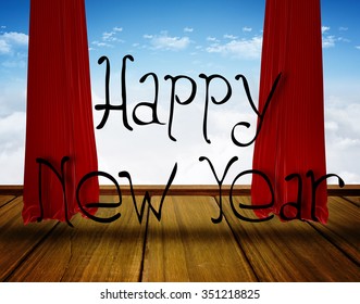 Happy New Year Against Red Curtain Pulling Back