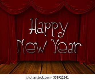 Happy New Year Against Red Curtain Pulling Back