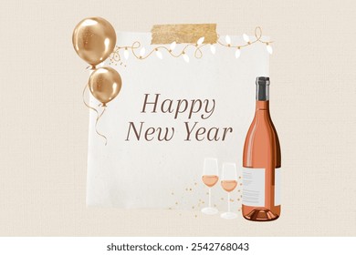 Happy New Year card with wine bottle, glasses, and balloons. Festive New Year theme with elegant wine and celebratory balloons. Perfect for New Year celebrations. Aesthetic illustration. - Powered by Shutterstock