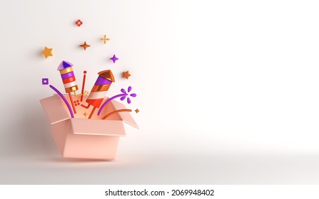 Happy new year decoration background and firework rocket opened box confetti copy space text  3D rendering illustration