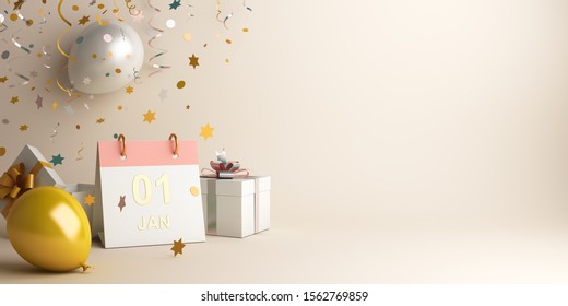 Happy New Year Design Creative Concept, January 1st Calendar, Gold White Balloon, Gift Box, Glittering Confetti On Gradient Background. Copy Space Text Area, 3D Rendering Illustration.