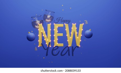 Happy New Year Font With Light Balls, 3D Baubles, Wine Glasses, Swirl Tree Decorated On Blue Background.