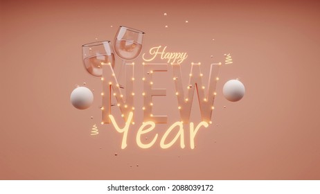 Happy New Year Font With Lighting, 3D Baubles, Wine Glasses, Shiny Swirl Tree, Golden Balls Decorated On Peach Background.