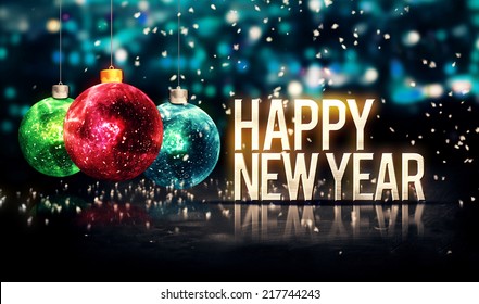 Happy New Year Hanging Baubles Blue Bokeh Beautiful 3D