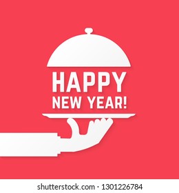 happy new year like serving hand. concept of yummy, season, carnival, midnight joy, restaurant service, eating on christmas ball. flat style trend modern logotype graphic design on white background - Powered by Shutterstock