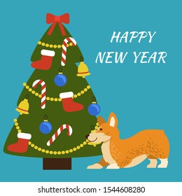 Happy New Year placard and excited dog   evergreen tree decorated and bows  bells   candies  garlands   balls and socks raster illustration