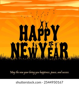 Happy new year - Silhouette of tree, birds flying and happy people at sunrise yellow background celebrating new year 2025 represents hope, transition, and new beginnings - Powered by Shutterstock