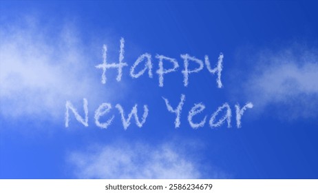 "Happy New Year" text with a cloud effect in a blue sky, symbolizing celebration, new beginnings, and positivity