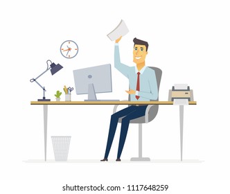 Happy Office Worker - Modern Cartoon People Characters Illustration On White Background. Young Handsome Man Sitting At The Desk. A Nice Workplace With Clock, Lamp, Plant, Table, Printer, Computer, Bin