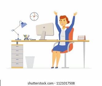 Happy Office Worker - Modern Cartoon People Characters Illustration On White Background. Young Handsome Woman Sitting At The Desk. A Workplace With Clock, Lamp, Plant, Table, Printer, Computer, Bin