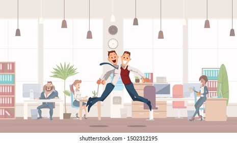 Happy Office Workers Jumping Up. Office Fun. People Work In Office. Happy Workers In Workplace. Corporate Culture In Company. Cheerful Working Day. Colleagues At Work. Illustration.