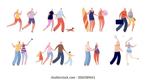 Happy old people. Fun elderly couple, seniors active lifestyle. Healthy grandparents travel, shopping. Adult man woman together set - Powered by Shutterstock