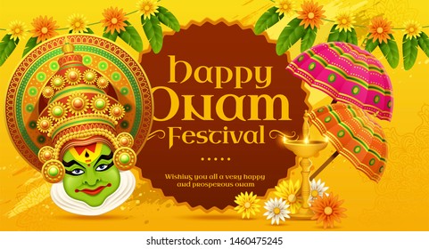 Happy Onam Kathakali Illustration With Marigold And Umbrella Elements