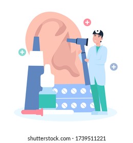 Happy Otolaryngologist Man Doctor With Otoscope And Frontal Reflector Make Ear Examination. Flat Cartoon Illustration. Drops For Nose, Ointment, Tablets Items.