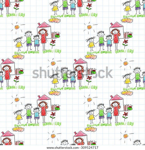 Happy parents and\
children naive kids\
drawing