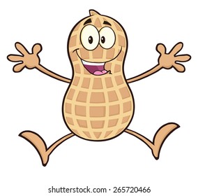 Happy Peanut Cartoon Character Jumping. Raster Illustration Isolated On White