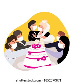 Happy People Celebrate Wedding. Isolation During Coronavirus Pandemic. Newlyweds And Friends Wearing Medical Masks. Wedding Cake Is On The Table. Wedding Party At Home.