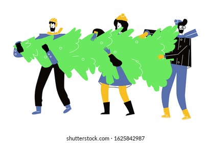 Happy People Citizen Wearing Warm Clothes Prepare for Winter Holidays Carrying Christmas Tree. Greetings and Festive Season Event. Trendy Cartoon Flat Illustration - Powered by Shutterstock