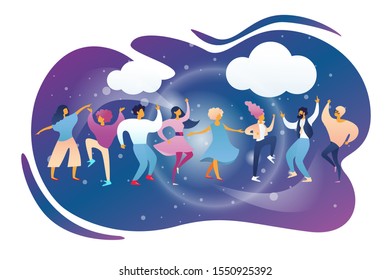 Happy People Clubbing And Dancing Disco At Night Club Stage DJ Music Party. Men And Women Characters Dance At Nightclub, Nightlife Event On Scene Under Disco Lights. Cartoon Flat Illustration