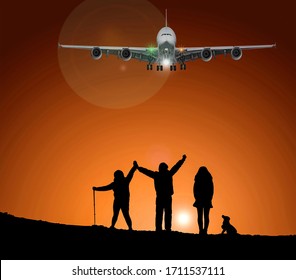 Happy people saying goodbye to their family members, friends or associates who departuring on jet plane in early morning - Powered by Shutterstock