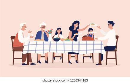 Happy people sitting at table, eating holiday meals, drinking wine and talking to each other. Family Christmas or Thanksgiving dinner or supper. Colorful illustration in flat cartoon style. - Powered by Shutterstock