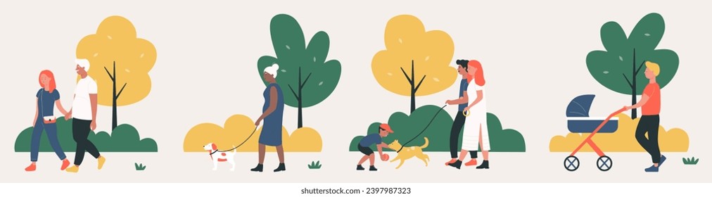 Happy people walk in park set illustration. Cartoon senior pet owner walking dog, man and woman holding hands, young father carrying stroller with baby isolated white. City activity concept - Powered by Shutterstock