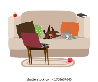 Happy Pets Relaxing On The Couch And Watching TV Illustration. Pets Cat And Dog Watch Television On Sofa