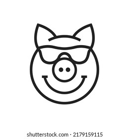 Happy Pig With Sunglasses, Cute Kawaii Avatar, Mascot Icon. Flat Illustration Isolated On White Background.