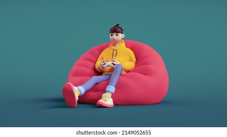 Happy positive brunette guy wears a yellow hoodie, blue jeans holds a white gamepad in his hands plays video games sitting on red bean bag in relaxed pose. 3d render in minimal style on green backdrop