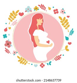Happy Pregnant Woman Holding Her Belly. Health, Care, Pregnancy Planning. Prenatal Development. Flat Cartoon Isolated.