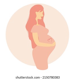 Happy Pregnant Woman Holding Her Belly. Health, Care, Pregnancy Planning. Prenatal Development. Flat Cartoon Isolated.