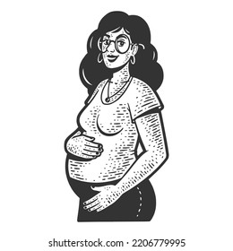 Happy Pregnant Woman Sketch Engraving Raster Illustration. Scratch Board Imitation. Black And White Hand Drawn Image.