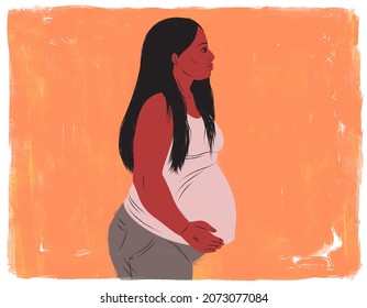 Happy pregnant woman smiling and staring up