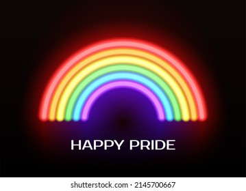 Happy Pride Greeting Card With Neon LGBT Rainbow On A Black Background. Raster Illustration