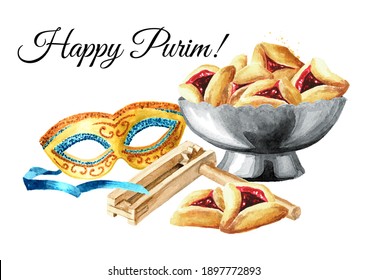 Happy Purim Card. Carnival Mask, Wooden Traditional Toy Gragger Grogger Noise Maker And Jewish Cookies Hamantaschen For Purim Holiday. Hand Drawn Watercolor Illustration Isolated On White Background