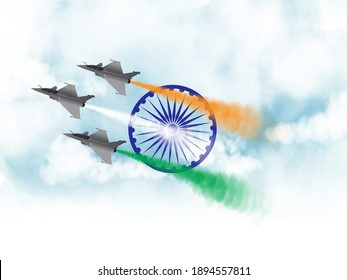 Happy Republic Day celebration concept background with fighter jets and smoke Indian flag colors. Indian Republic day concept. Indian Independence Day celebrations digital illustration.